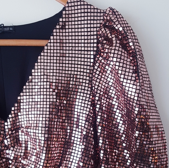 ZARA Metallic Rose Gold Ruched Mini Dress - Picture 7 of 13